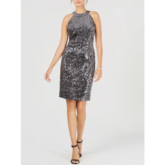 Nightway Womens Gray Sequined Velvet Halter Sleeveless Cocktail Party Dress SZ 8 - Picture 1 of 11